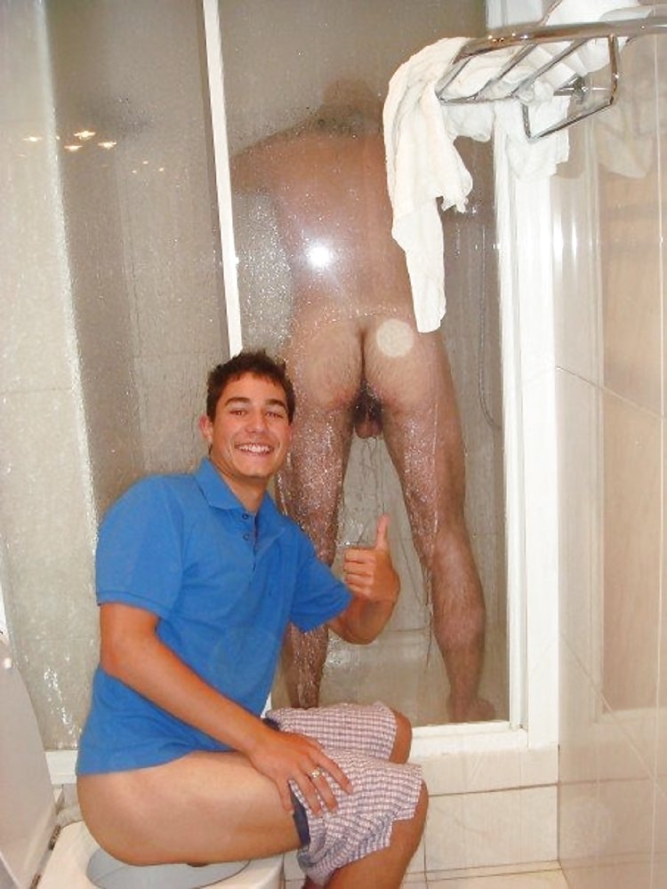 Naked guys wash in the shower