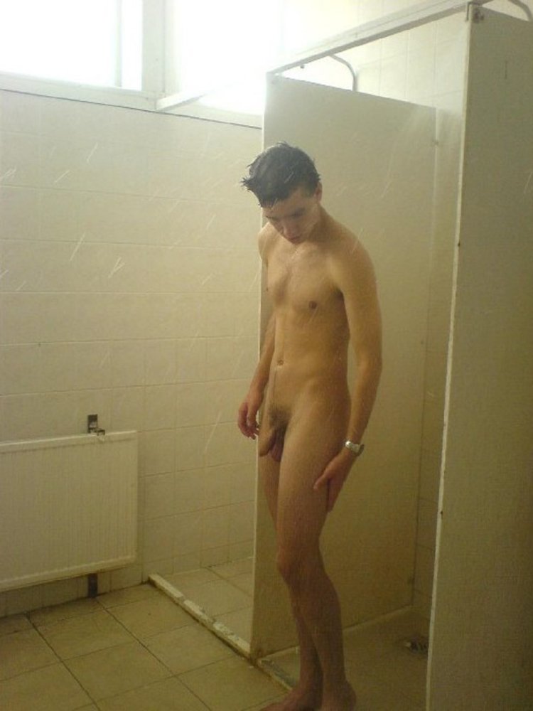 Naked guys wash in the shower
