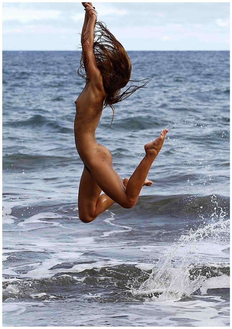 Topless girls jumping