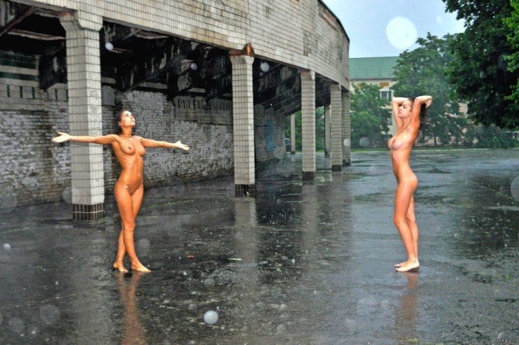 Naked Asian in the rain
