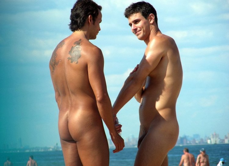 A lot of naked men on the beach